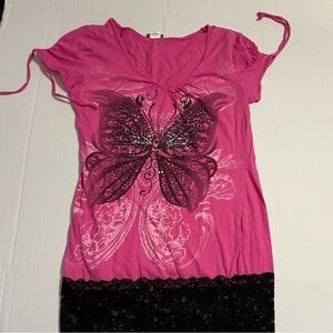 Y2k vintage ever blue butterfly lace gathered pink black top shirt L